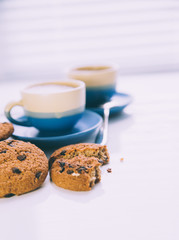 hot coffee, chocolate and cookies in morning