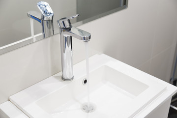 Close up of sink in new bathroom