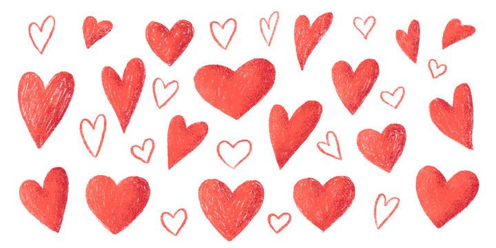 Red pencil strokes texture hand drawn style vector Valentines day hearts big set isolated on white background