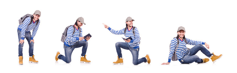 Student with backpack isolated on the white