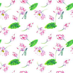blossoms and flowers of lotus watercolor seamless pattern