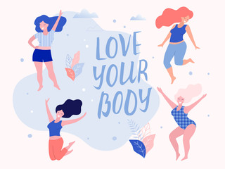 Beautiful  plus size women vector flat illustration.