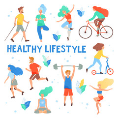 Fototapeta na wymiar Healthy lifestyle. Different physical activities: running, roller skates, dancing, bodybuilding, yoga, fitness, scooter, nordic walking. Flat vector illustration.