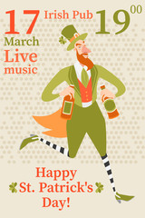 Vector illustration for invitation cards and flyers for Saint Patrick's Day party with happy man in traditional costume holding beer bottles
