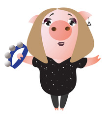 A cute piggy sings and plays on tambourine. Musician. Vector illustration.  Isolated on transparent background.  Excellent for the design of postcards, posters, stickers and so on.