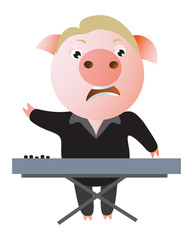 A funny pig sings expressively and plays keyboard. Musician. Vector illustration.  Isolated on transparent background.  Excellent for the design of postcards, posters, stickers and so on.