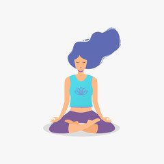 Woman sitting in lotus position practicing meditation. Yoga girl vector illustration.