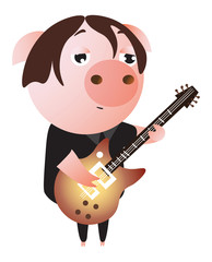 A funny  tired piggy plays guitar. Musician. Vector illustration.  Isolated on transparent background.  Excellent for the design of postcards, posters, stickers and so on.