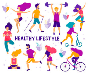Healthy lifestyle. Different physical activities: running, roller skates, bodybuilding, yoga, fitness, scooter, nordic walking. Flat vector illustration.