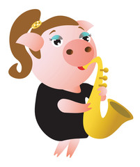 A cute piggy  plays  saxophone. Female. Musician. Vector illustration.  Isolated on transparent background.  Excellent for the design of postcards, posters, stickers and so on.