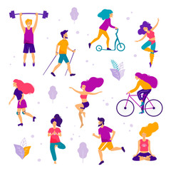 Healthy lifestyle. Different physical activities: running, roller skates, dancing, bodybuilding, yoga, fitness, scooter, nordic walking. Flat vector illustration.