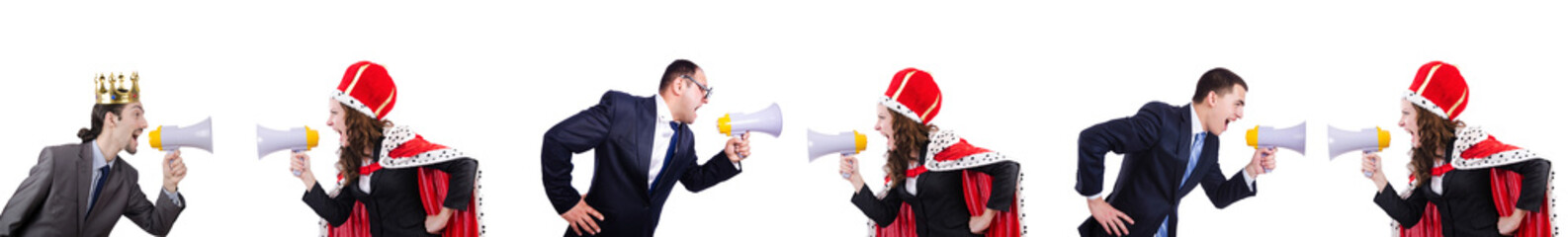 Pair shouting at each other on white