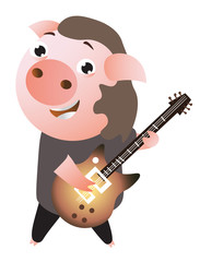 A funny  cheerfull rockstar piggy plays guitar. Musician. Vector illustration.  Isolated on transparent background.  Excellent for the design of postcards, posters, stickers and so on.
