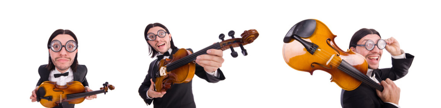 Funny man with music instrument on white