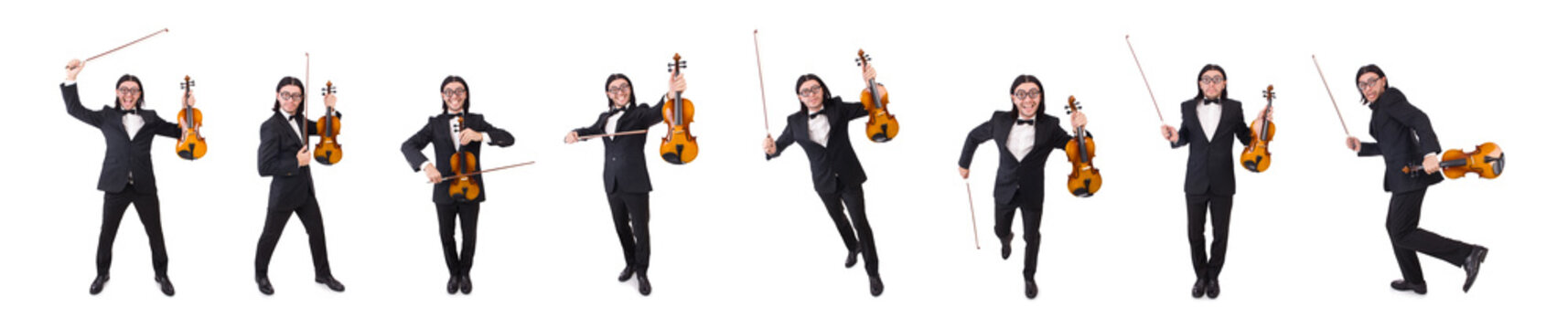 Funny man with music instrument on white