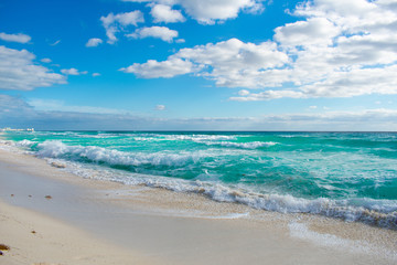 Waves on Caribbean sea. Crystal clear water, Playa Delfines, Cancun, Mexico
