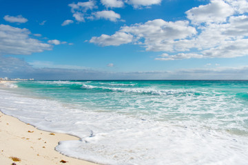 Waves on Caribbean sea. Crystal clear water, Playa Delfines, Cancun, Mexico
