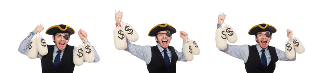 One-eyed man with moneybags isolated on white