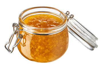 Mandarin jam in glass jar isolated on white background. 