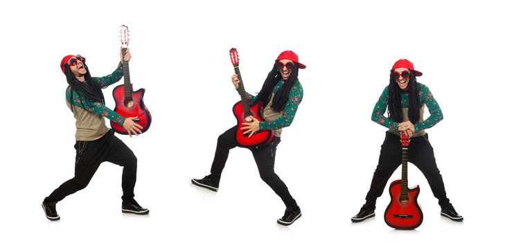 Man with guitar in musical concept on white