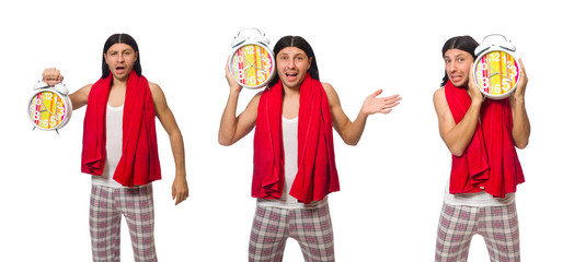 Fototapeta premium Funny man with clock isolated on white