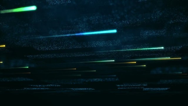 Technological background with flying glowing lines and flickering particles on digital surface from glitering dots. Animation of seamless loop.