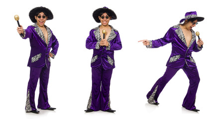 Naklejka premium Funny man with microphone isolated on white 