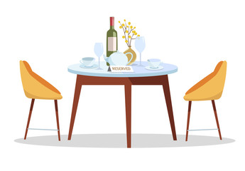 Place for romantic date. Reserved sign on table in restaurant. Reserved Table concept.round table,served with dishes, vase, wine with modern chairs. Cafe reservations. Flat cartoon vector illustration