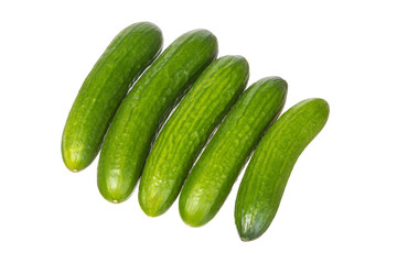 Five bright green cucumbers in a row