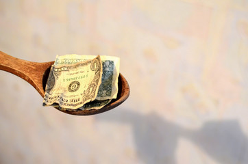 Prepayment service gratitude concept. Salary. American bills, dollars in a wooden spoon
