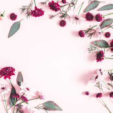 Flowers composition. Eucalyptus leaves and pink flowers on pastel pink background. Flat lay, top view, copy space, square