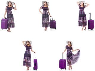 Young woman with suitcase isolated on white 