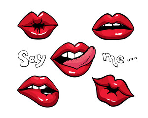 Lips patch collection. Vector sexy Isolated doodle womans lips expressing different emotions kiss, biting lip, licking