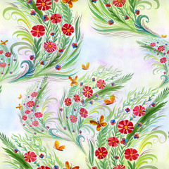 Flowers. Bouquet with leaves, flowers and buds. Watercolor. Seamless pattern Collage of flowers and leaves on a watercolor background. Use printed materials, signs, objects, websites, maps.