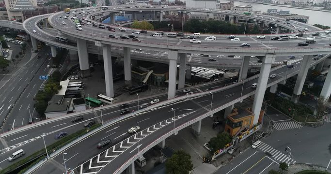 Aerial view of Nanpu Bridge Nanpu Bridge Approach Bridge in Shanghai, the Chinese characters on the road indicate where you are going, it mean "To Zhongshan Road", "To Inner Ring Road", etc.
