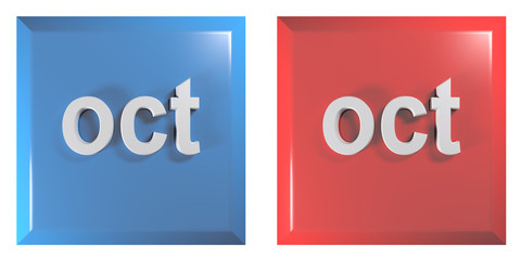 Blue and red couple of square push buttons OCTOBER - 3D rendering illustration