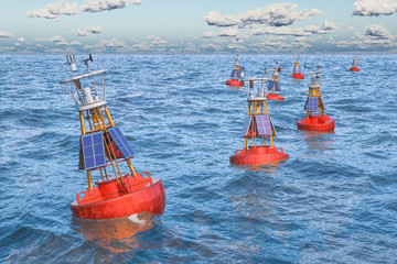 Obraz premium Marine navigational buoys in the open sea, 3D rendering