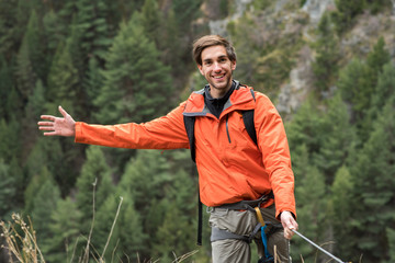 Young man doing a climbing line in Canillo, Andorra.