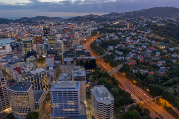 Wellington CBD and urban motorway, High view at twilight 