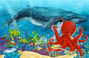 cartoon scene with whale and octopus near coral reef - illustration for children