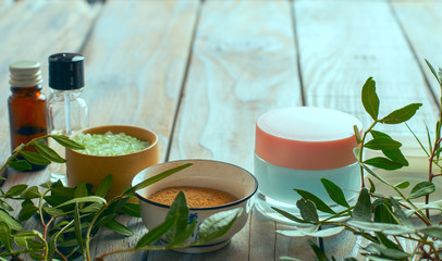 Beauty concept. Bio cosmetics on wood background. Facial treatment preparation for cosmetic clinic. beauty spa. copy space