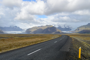 The famous ring road of Iceland and Svínafellsjökull glacier at the back