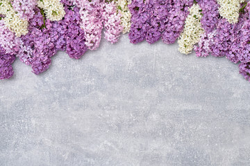 Spring lilac flowers on gray background. Top view, copy space. Holiday concept.