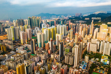 Aerial view of buildings in Hong Kong. Kowloon district.