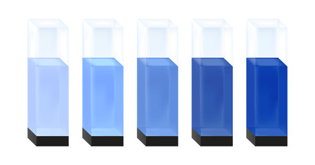 Vector illustration of five quartz glass cuvettes with different concentration of blue substance solution from light to dark. Calibration standard preparation. Standards for the spectroscopy. Isolated