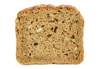 A slice of fresh rye bread with slices of sunflower seeds. White isolate. Close-up.