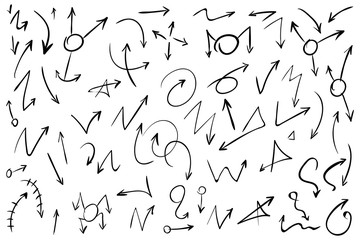 Arrow doodles vector. A set of simple sketches of arrows. Up, down, left, right ones. The effect of a pencil sketch isolated on white background. Vector eps 10.