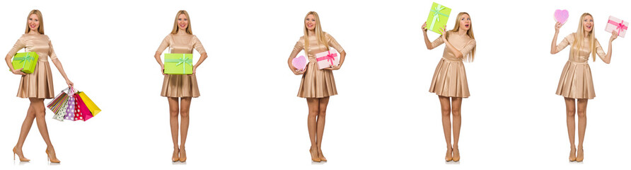 Beautiful woman in golden dress with bags 