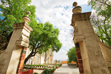 Atrium of Olives (Atrio de los Olivos) park in front of Francisco Javier Church in Tepotzotlan