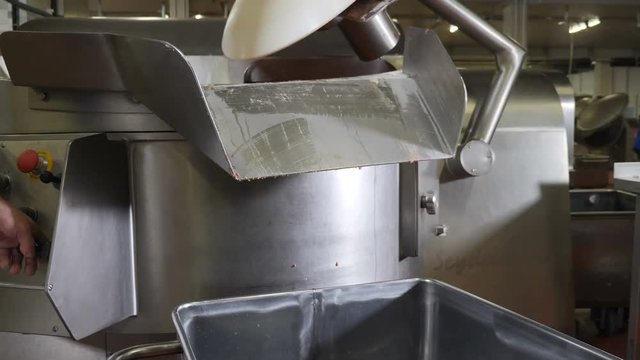 Meat-processing plant. Sausage industry. Final proccess in sausage production. Sausage production line in modern meat factory. Halal Certificate. Food industry. 4k